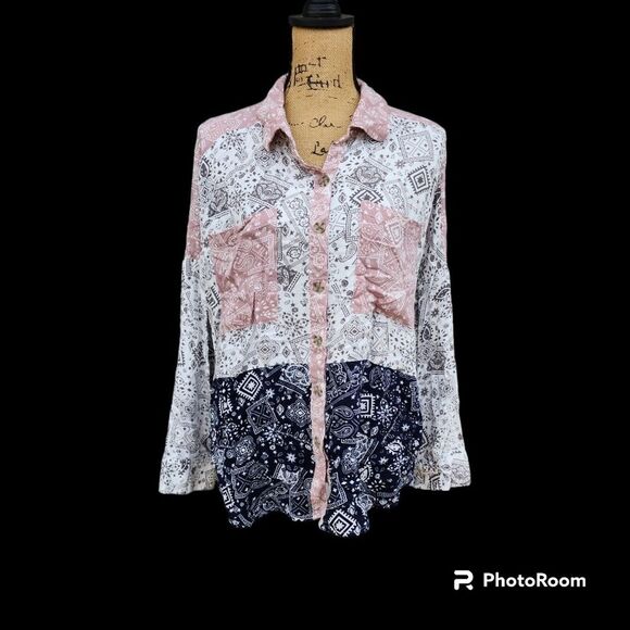 Cato Buttondown Blouse Wmns SZ 18/20 Bandana Western Patchwork Boho Indie Pastel - Picture 1 of 5